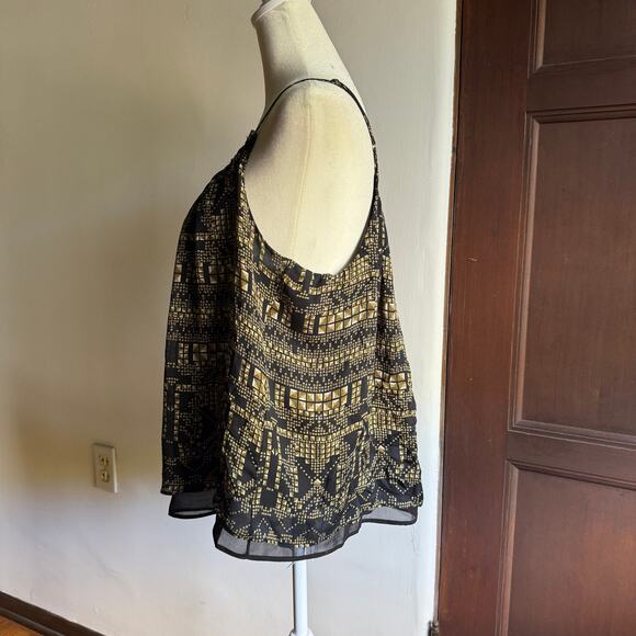 CALVIN RUCKER | Black and Gold Silk Double Layer Ruffle Neck Trapeze Tank Large - Picture 4 of 5